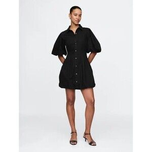 New Gap Mini Bubble Shirtdress Small Tall Black Denim Dress Puff Sleeve Pockets